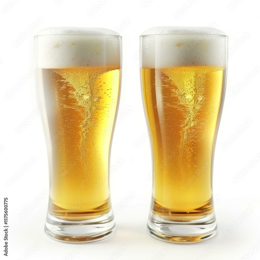 Refreshing golden beer is fizzing in two glasses on a bright white background Refreshing golden beer is fizzing in two glasses on a bright white background