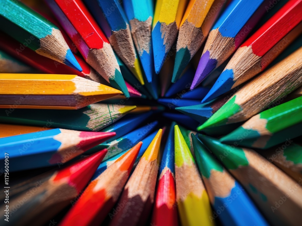Colorful array of sharpened pencils arranged in a circular pattern showcasing vibrant hues at a creative workspace Colorful array of sharpened pencils arranged in a circular pattern showcasing vibrant hues at a creative workspace