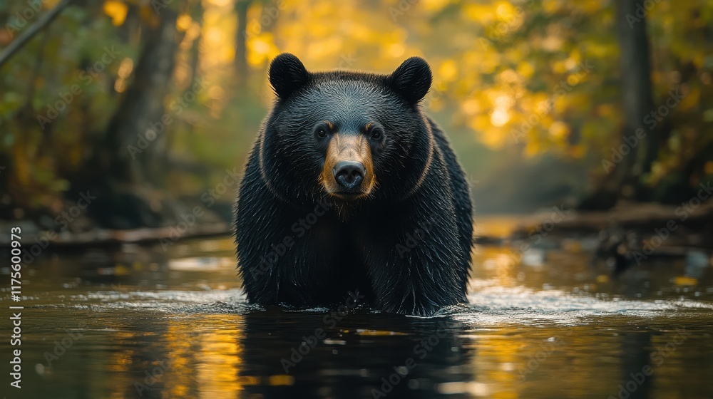 Black Bear wading through a shallow stream, its reflection visible in the water Black Bear wading through a shallow stream, its reflection visible in the water