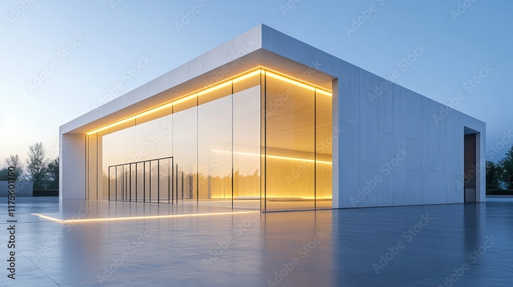 Fototapeta premium Modern glass building with warm interior lighting at dusk.