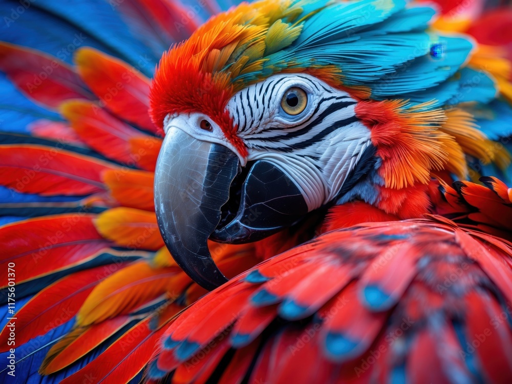 Obraz premium Brightly colored macaw showcasing vibrant feathers in a lush tropical setting, highlighting its striking plumage and captivating gaze during daylight