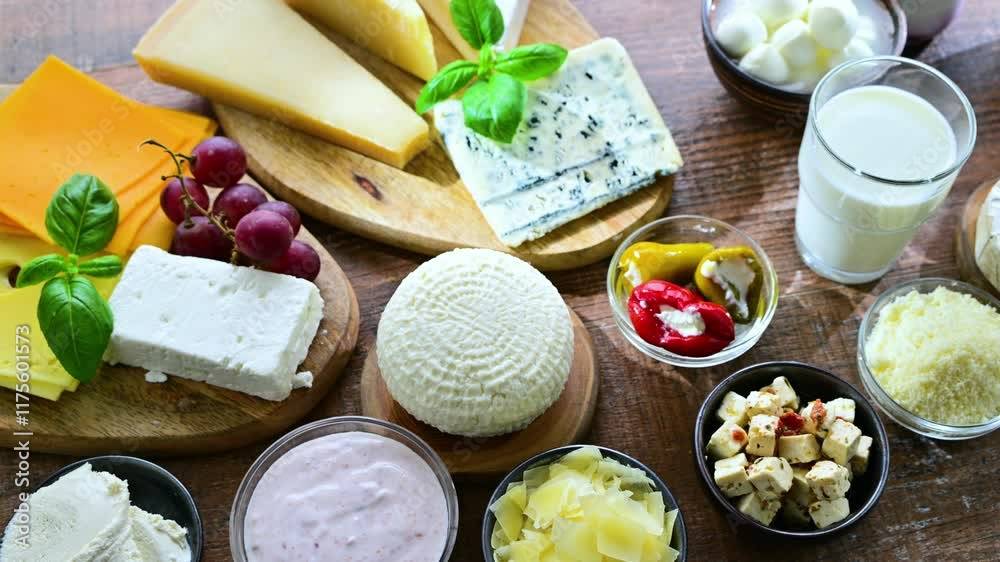 A variety of dairy products including cheese, milk and yogurt.