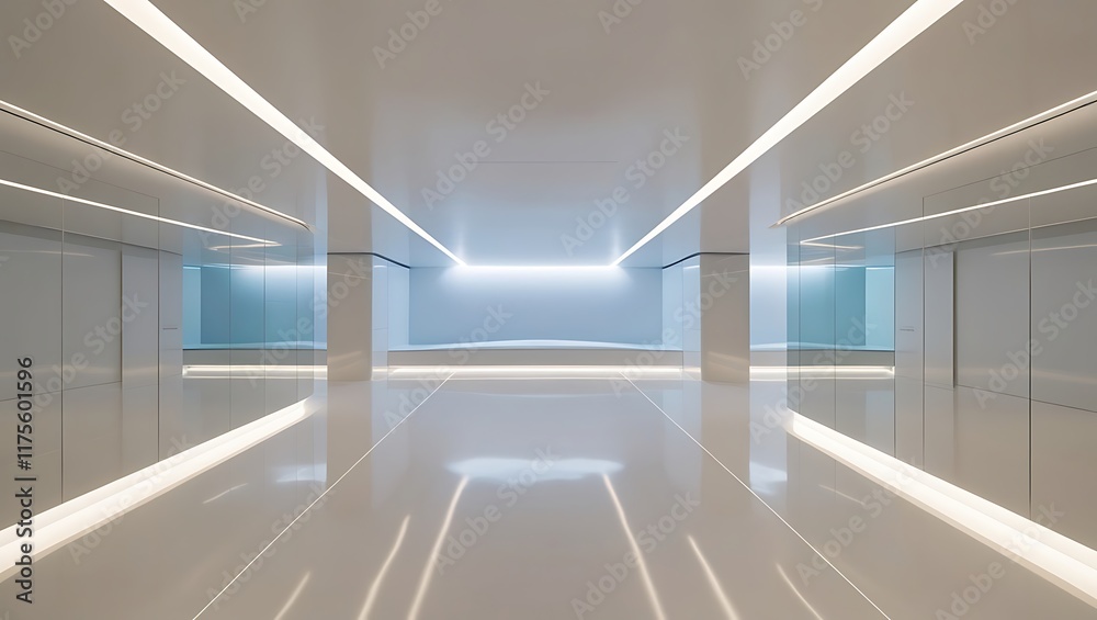 Fototapeta premium A quiet and simple hallway Soft, indirect lighting and reflective surfaces create a calm and inviting atmosphere.