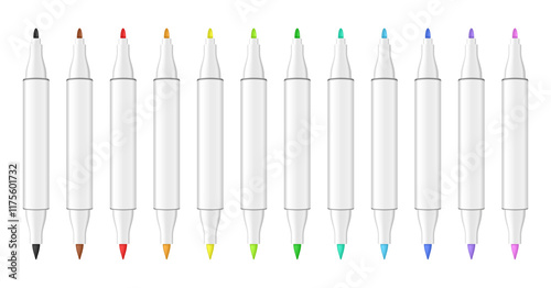 Set of multicolored dual tip markers. Rainbow palette. Coloring or sketching supplies. Water-based or alcohol marker pen. Brush tip