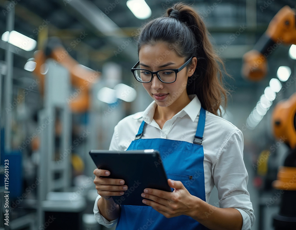 Fototapeta premium Young engineer using tablet in modern manufacturing facility