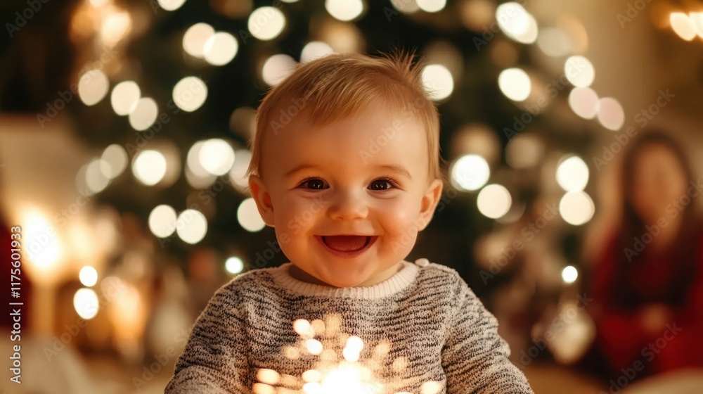 Happy Baby Smiling with Sparkler in Front of Christmas Tree, Captured in Cozy Indoor Setting, Evoking Joyful Holiday Spirit and Family Togetherness Happy Baby Smiling with Sparkler in Front of Christmas Tree, Captured in Cozy Indoor Setting, Evoking Joyful Holiday Spirit and Family Togetherness