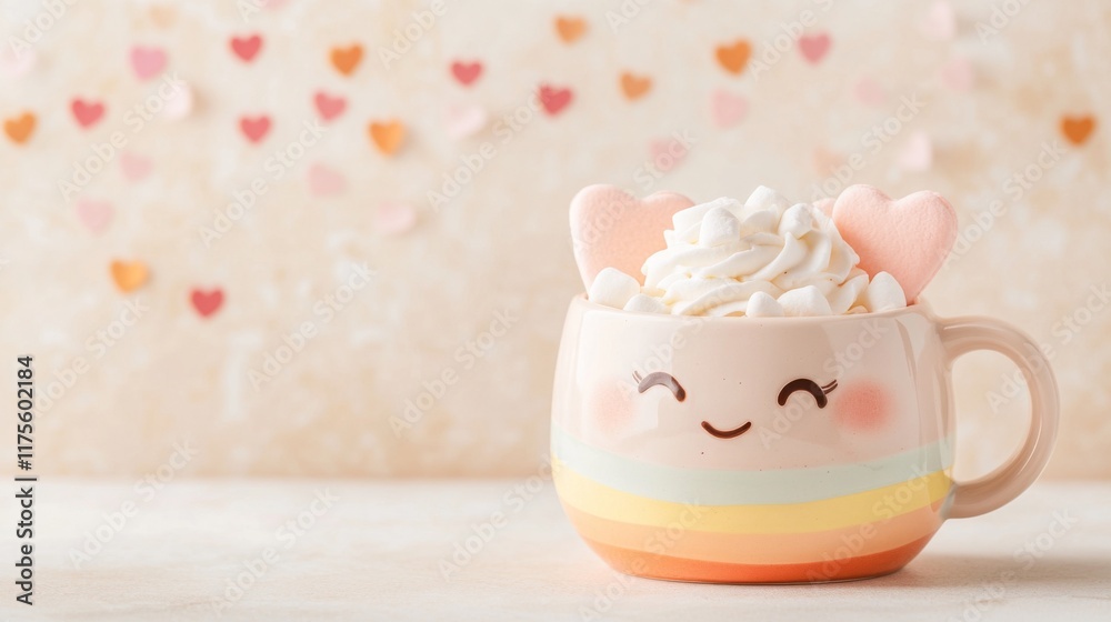 Cute rainbow mug of coffee with marshmallows. Banner with place for text. Cosy season sweet drink cup. Friendship or love concept greeting card. Cute rainbow mug of coffee with marshmallows. Banner with place for text. Cosy season sweet drink cup. Friendship or love concept greeting card.