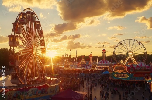 Amusement Park. Bright carnival scenes with cheerful crowds enjoying rides and vibrant attractions, AI generated image photo