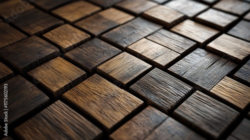 Fototapeta Naklejka Na Ścianę i Meble -  Square block tile wallpaper on a timber wood background in a 3D render