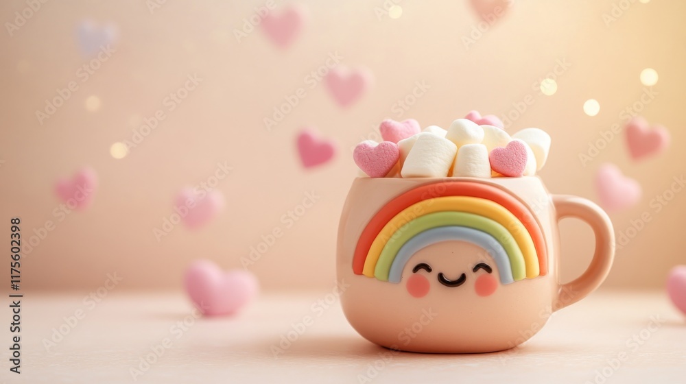 Cute rainbow mug of coffee with marshmallows. Banner with place for text. Cosy season sweet drink cup. Friendship or love concept greeting card. Cute rainbow mug of coffee with marshmallows. Banner with place for text. Cosy season sweet drink cup. Friendship or love concept greeting card.