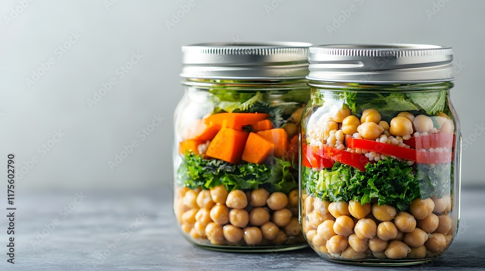 Colorful jars filled with layered vegetables and chickpeas, showcasing healthy meal prep and fresh ingredients for nutritious eating. Colorful jars filled with layered vegetables and chickpeas, showcasing healthy meal prep and fresh ingredients for nutritious eating.
