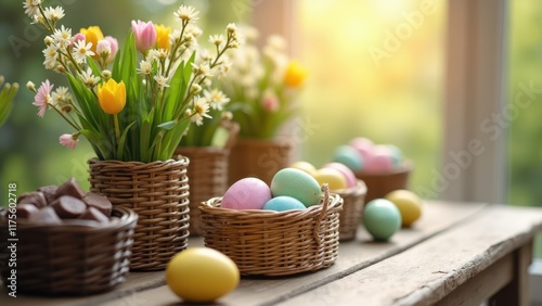 Wallpaper Mural A warm and inviting scene showcasing colorful Easter eggs nestled in woven baskets, surrounded by vibrant flowers like tulips and daisies, perfect for spring celebrations Torontodigital.ca