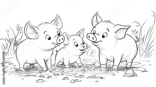 Happy pig family playing in mud puddle, rural farm background, children's book illustration photo