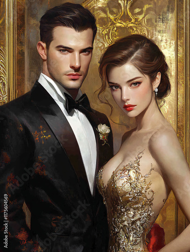 Elegant Formal Portrait of Man and Woman in Tuxedo and Gold Gown