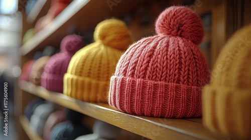 Close-up view of colorful knitted hats on wooden shelves. photo