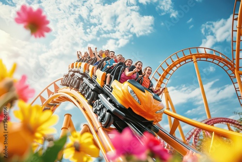 Amusement Park. Exciting roller coasters with colorful landscapes and smiling riders. AI generated image photo