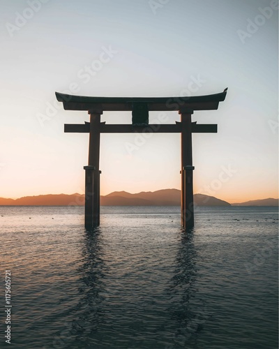 A majestic Torii gate stands alone in the calm waters of a lake, silhouetted against a vibrant sunset sky. photo