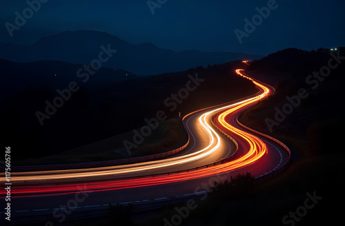 Long Exposure of Car Lights on Winding Road at Night Creating Vibrant Light Trails