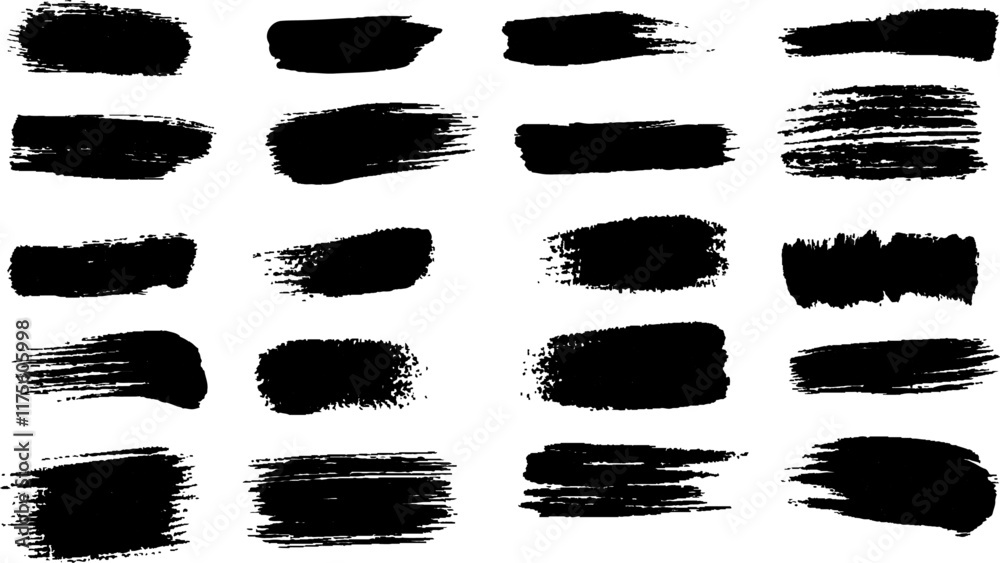 A collection of black and white brush strokes on a white background. Collection of abstract black paint brush strokes in a minimalist style. Strokes of black paint, brush, roller, spatula. Collection A collection of black and white brush strokes on a white background. Collection of abstract black paint brush strokes in a minimalist style. Strokes of black paint, brush, roller, spatula. Collection