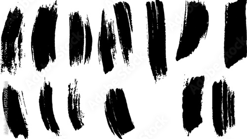 A collection of black and white brush strokes on a white background. Collection of abstract black paint brush strokes in a minimalist style. Strokes of black paint, brush, roller, spatula. Collection 