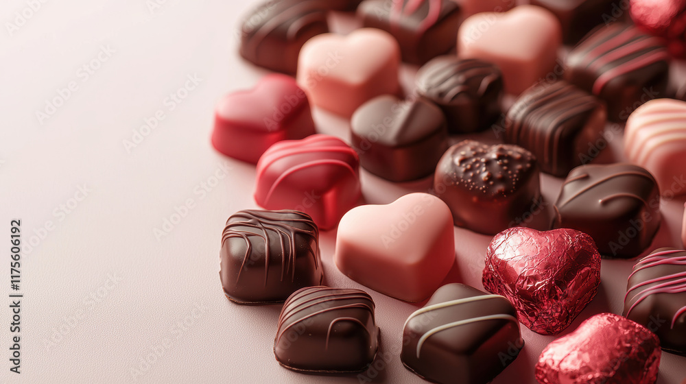 Delicious assortment of heart shaped chocolates in various colors Delicious assortment of heart shaped chocolates in various colors