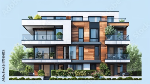 A symmetrical, modern, semi-detached residential structure, Generative AI.