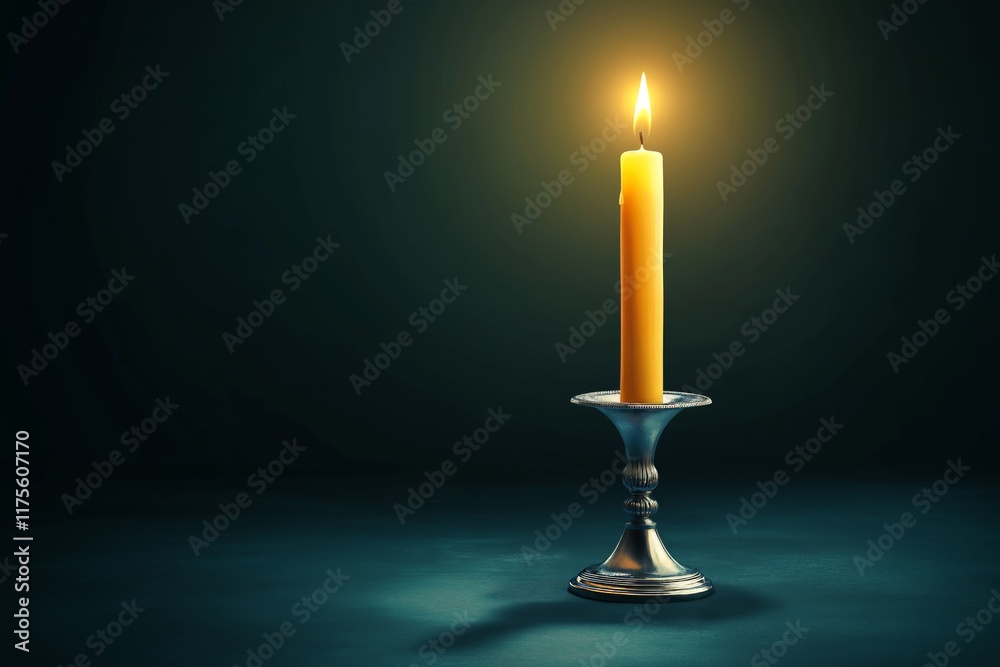 A single tall candle in a silver holder, glowing in a dark room with a mysterious atmosphere. A single tall candle in a silver holder, glowing in a dark room with a mysterious atmosphere.
