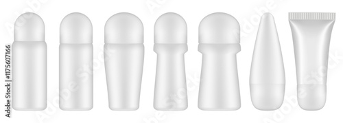 Set of white roller ball bottles. Body antiperspirant deodorant roll-on, closed blank bottles with screw cap. Realistic vector mockup