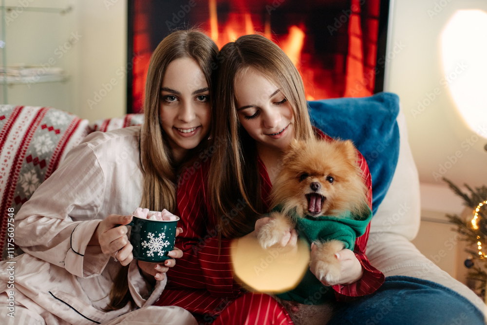 two girls sisters teenagers play with a dog spitz who is dressed in a green jacket cozy home Christmas atmosphere two girls sisters teenagers play with a dog spitz who is dressed in a green jacket cozy home Christmas atmosphere
