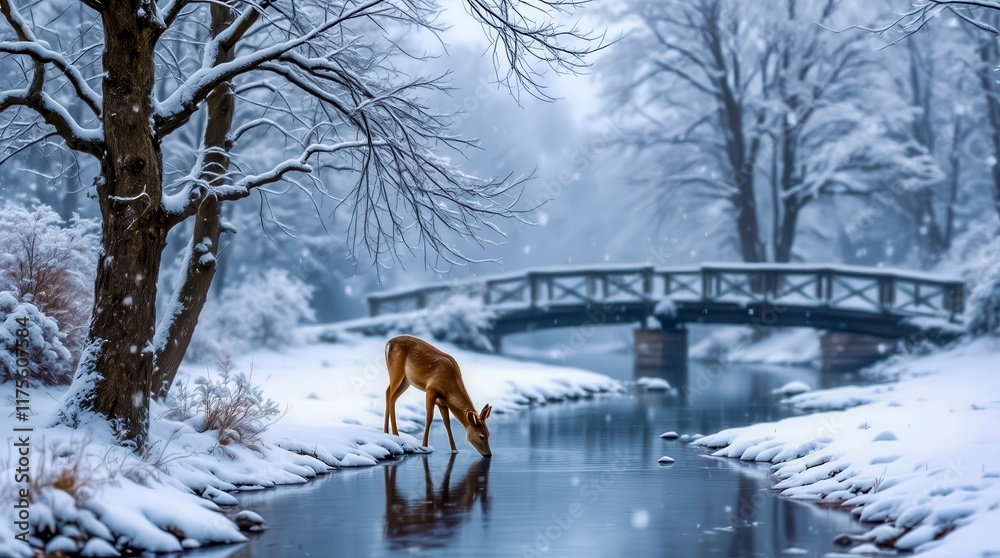 Snowy Landscape With a Deer Drinking From a Stream Near a Bridge in Winter Snowy Landscape With a Deer Drinking From a Stream Near a Bridge in Winter