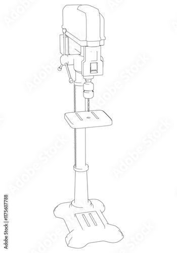 Drill Press Line Art Vector Illustration on White Background. High-Precision Design for Metalworking, Carpentry, and Industrial Applications