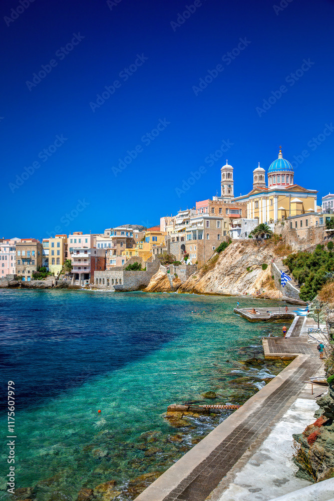 Fototapeta premium Vaporia neoclassical district and St. Nicolas cathedral of Ermoupolis town in the island of Syros, Cyclades, Greece