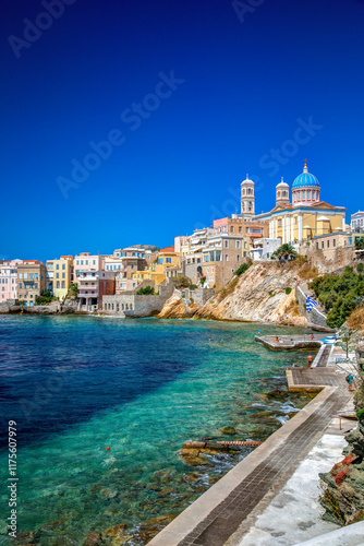 Fototapeta Naklejka Na Ścianę i Meble -  Vaporia neoclassical district and St. Nicolas cathedral of Ermoupolis town in the island of Syros, Cyclades, Greece