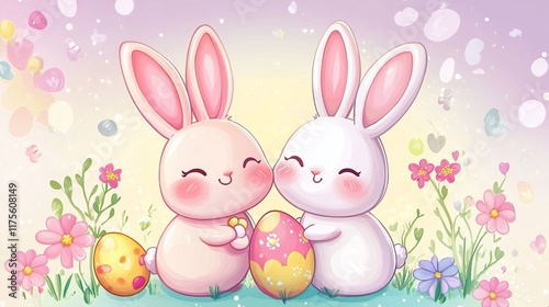 Adorable Easter bunnies in cartoon style. Happy couples with festive eggs, chicks, and blooms. Perfect for Easter cards, stickers, banners, or packaging. Kawaii hares bring festive cheer. 