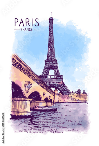 Architecture sketch illustration. An urban colorful landscape of Eiffel Tower and the river Seine, Paris, France, Europe. Freehand digital drawing. Hand drawn travel postcard. Banner, poster. Vector