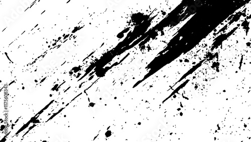 Abstract black paint splatter on white background. Stylish, grunge with a rough, worn look in dust and scratches on a white background. Brush strokes, stain grunge isolated on white background, 