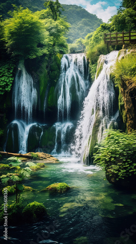 Majestic Waterfall in Lush Forest Landscape