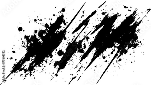 Abstract black paint splatter on white background. Stylish, grunge with a rough, worn look in dust and scratches on a white background. Brush strokes, stain grunge isolated on white background, 