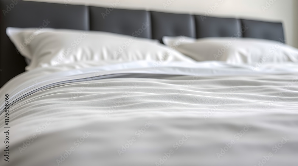 Close-up view of a neatly made bed with white sheets and pillows, and a dark gray headboard. The focus is on the textured surface of the bedding. The image is softly lit and slightly out of focus. Close-up view of a neatly made bed with white sheets and pillows, and a dark gray headboard. The focus is on the textured surface of the bedding. The image is softly lit and slightly out of focus.