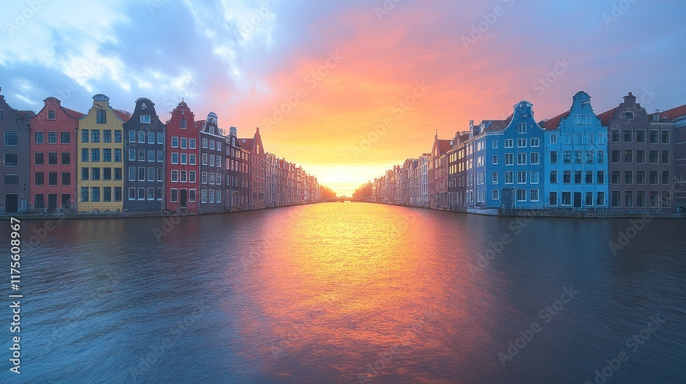 Obraz premium Colorful canal houses at sunset reflecting in the water.