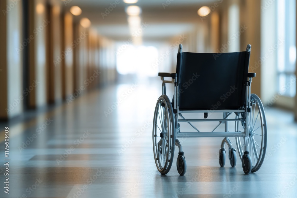 Empty wheelchair in a hospital corridor during daylight hours with soft lighting and neutral colors Empty wheelchair in a hospital corridor during daylight hours with soft lighting and neutral colors