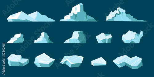 Iceberg. Floating glaciers, ice cubes and blocks. Arctic and Antarctic landscape elements. Icy crystal rocks in cold water. Winter decorative objects. Vector cartoon flat style isolated illustration