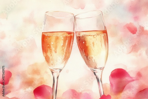 Romantic celebration with champagne toast in watercolor art. photo