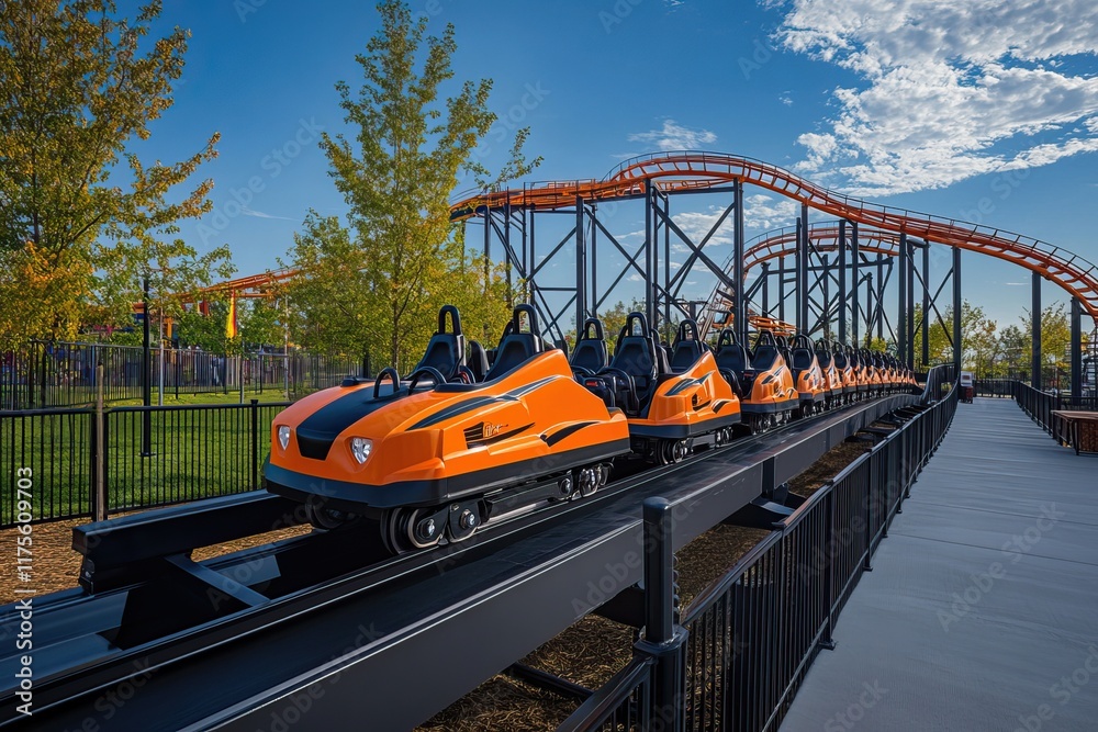 Exciting roller coasters with vibrant tracks and cheerful riders under a bright sky. Amusement Park. AI generated image Exciting roller coasters with vibrant tracks and cheerful riders under a bright sky. Amusement Park. AI generated image