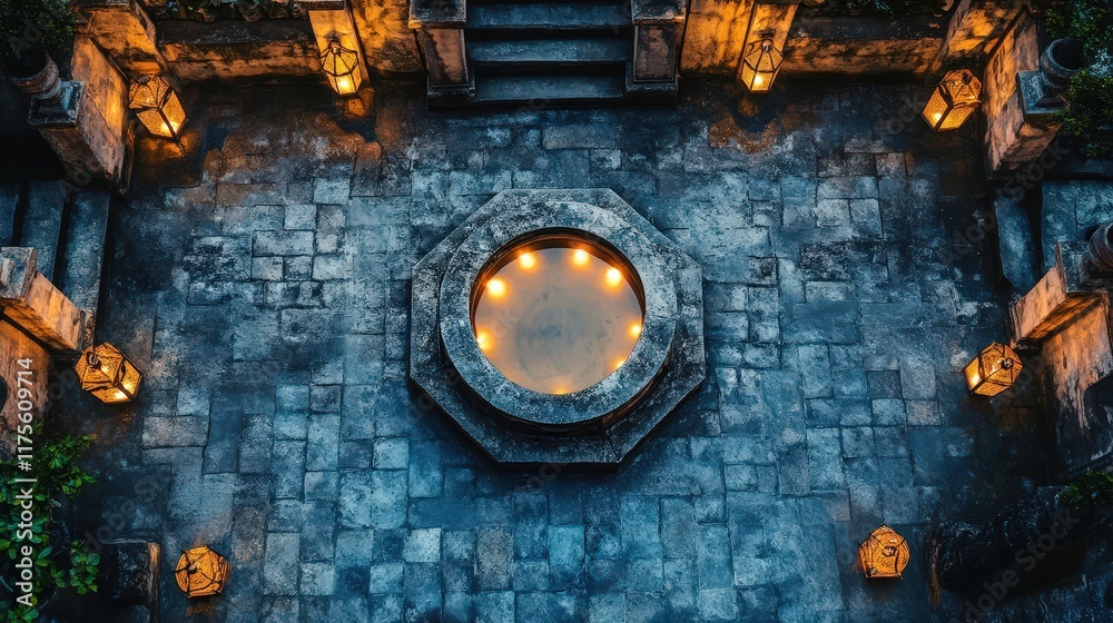 Illuminated Courtyard Fountain With Ambient Lanterns Illuminated Courtyard Fountain With Ambient Lanterns