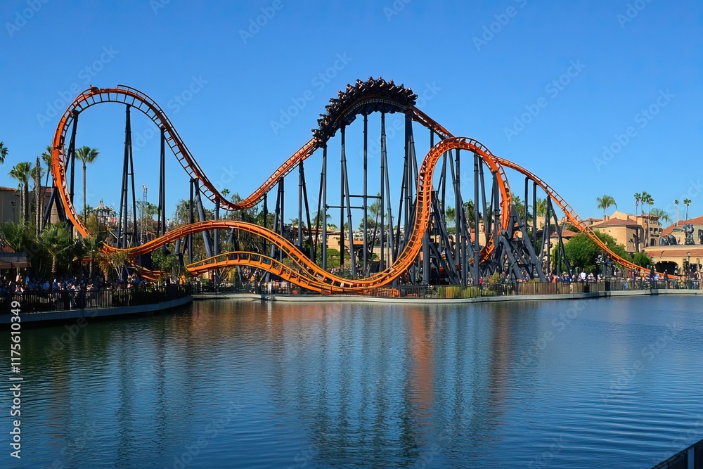 Obraz premium Exciting roller coasters with vibrant tracks and cheerful riders under a bright sky. Amusement Park. AI generated image