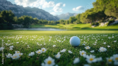 Golf clubs and ball on a lush fairway with rolling greens and distant trees creating a serene golfing atmosphere