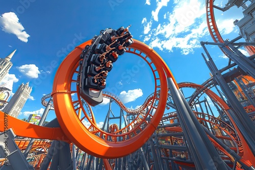 Exciting roller coasters with vibrant tracks and cheerful riders under a bright sky. Amusement Park. AI generated image