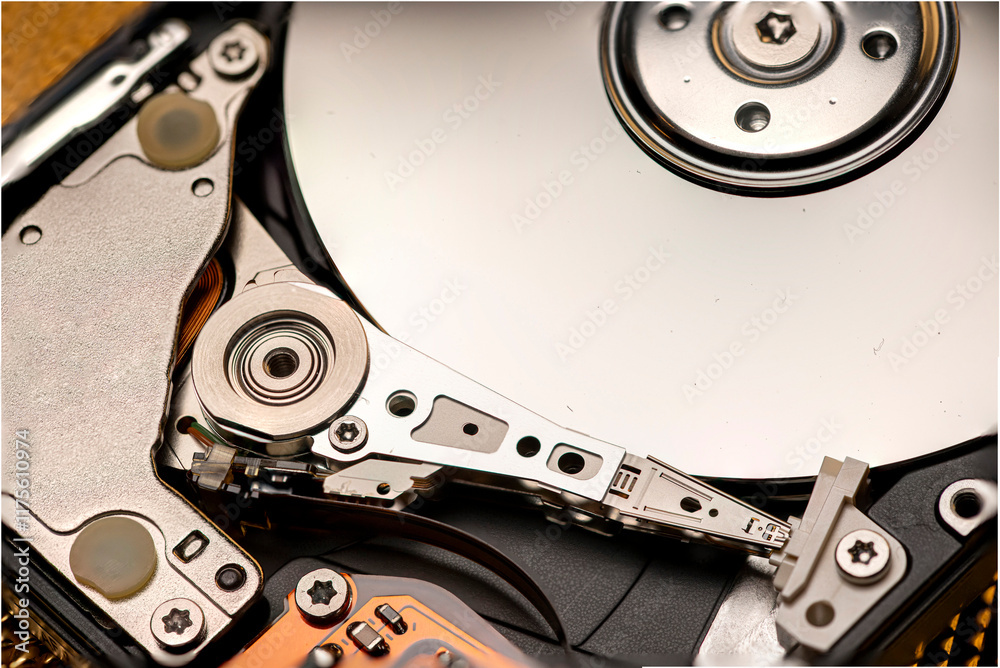 Hard disk interno aperto con sfondo oro 06 Hard disk interno aperto con sfondo oro 06