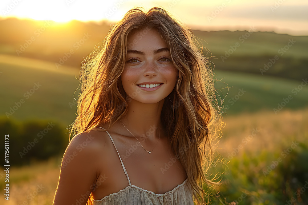 Φωτογραφία In warm glow of a summer sunset, a beautiful, happy caucasian woman strikes a co
